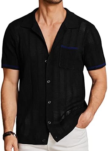 Coofady Men's Manga curta Camisas de malha de malha de botão vintage Down Polo Polo Casual Beach Tops