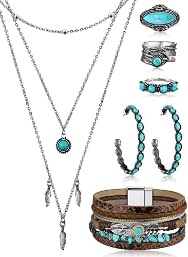 6 PCs Bohemian Western Jewelry for Women Faux Leather em camadas Bracelets Turquoise Brincos de Turquesa Turquesa