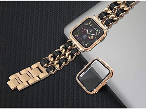 Mosonio Apple Watch Band compatível com a série Iwatch 6/5/4, Iwatch Band With 2 Pack 40mm Bling Case for Women - Rose Gold Metal Chain com pulseira de couro preto e pulseira de metal bling