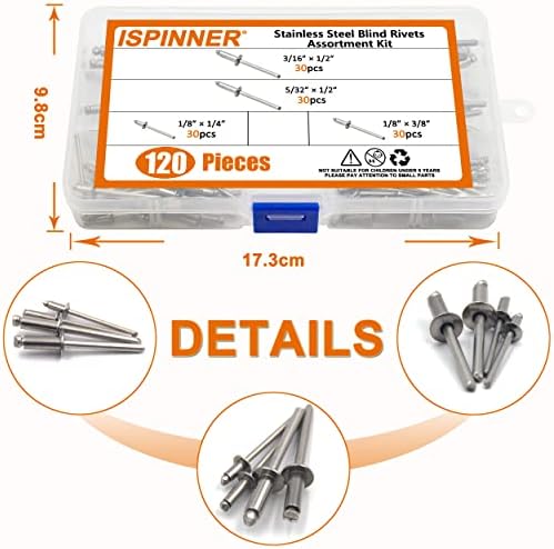 Ispinner 120pcs 304 rebites cegos de aço inoxidável, kit de variedade de rebites pop