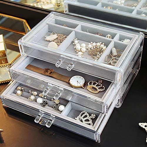 Caixa de jóias de acrílico 3 gavetas, organizador de jóias de veludo, colares de breol ringos Pulseiras de exibição Presente