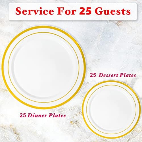 Conflech 50 placas de festa plástica com aro de ouro branco, placas de plástico descartáveis ​​premium de serviço pesado