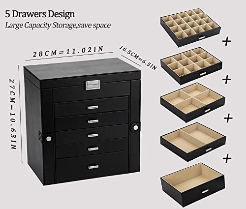 Loumileo Jewelry Box for Women Caixa de Jóias de Jóias de Camada de 5 camadas com gavetas, caixa de jóias preta grande capa de jóias para colar/anel/brinco/organizador