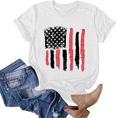 Uikmnh Ladies algodão tops soltos camiseta de manga curta bandeira americana 4 de julho Blusa de verão camisa