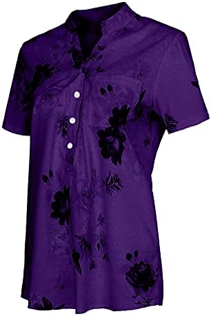 Tops de verão femininos, camisa feminina Botão de plus size com manga curta V Blusa de bolsa de bolso de pescoço de pescoço