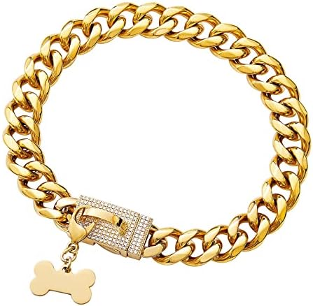 Novo colarinho de cachorro da corrente de ouro com fivela segura de zirconia cúbica bling, colares de corrente de aço