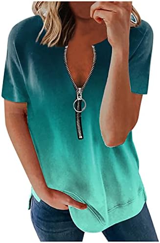 Womens Summer Tops Women Fashion Top Camisetas Prind Túnica V Norte Zíper solto de manga curta top top Casual elegante