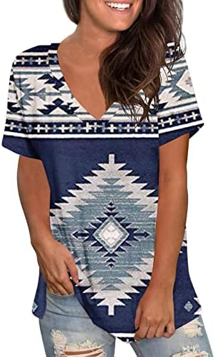 Verão feminino asteca astecas ocidentais de estilo étnico geométrico Tees Tops casual solto ajuste de manga curta V