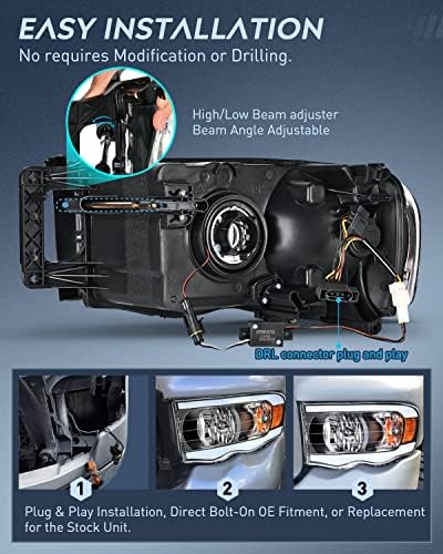 Assembléia dos faróis de Nilight lideraram o DRL para 2002-2005 Dodge Ram 1500/2003 2004 2005 Dodge Ram 2500 3500 farol, Black Housing