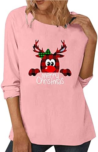 Tampas de Natal de tamanho grande para mulheres femininas de manga comprida Crewneck Padrão de natal bainha camiseta de camiseta