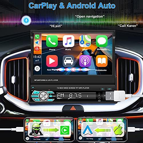 Estéreo de carro Din único com CarPlay Android Auto 7 '' HD Touch Screen Retrável CARE MP5 Player Suporte