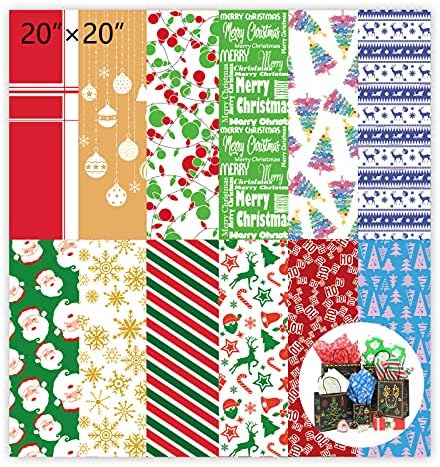 Giiffu 120 folhas de papel de lenço de natal, 12 desenhos + 120 adesivos de etiqueta de presente, para caixas de presente de Natal, sacos de embrulho de presente de Natal e garrafas de vinho, papel de lenço de férias com rápido e fácil