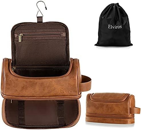 Bolsa de higiene pessoal Elviros, kit de organizador de viagem de couro para homens com gancho suspenso, grandes bolsas de barbear de produtos de higienes resistentes à água para mulheres