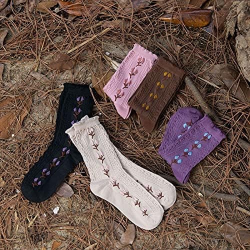 Lsdjgdde 5 pares mulheres meias definidas outono inverno retro algodão puro meias respiráveis ​​jacquard floral jacquard tubo médio