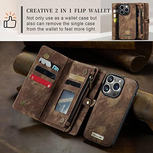 2 em 1 Compatível destacável com o iPhone 14 Pro Max Wallet Caso com suporte de cartão, Retro Premium Flip Cover Cover Zipper Magnetic Pocket Phone Caso 6.7 ''