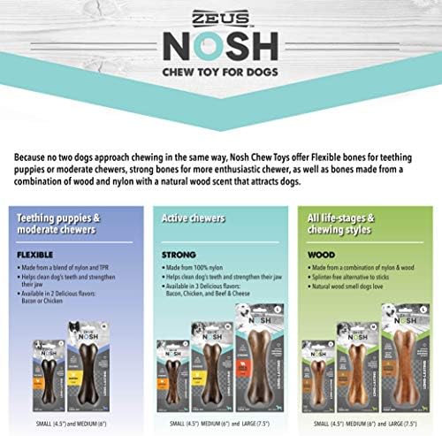 Zeus Nosh Flexible Dog Chew Bones, Toys de mastigar cachorros para filhotes de dentição, sabor duradouro de frango, médio