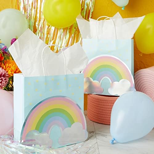 Rainbow Gift Smags com alças e 20 lençóis de papel de lenço branco, sacolas de brindes de tamanho médio para chá de bebê,