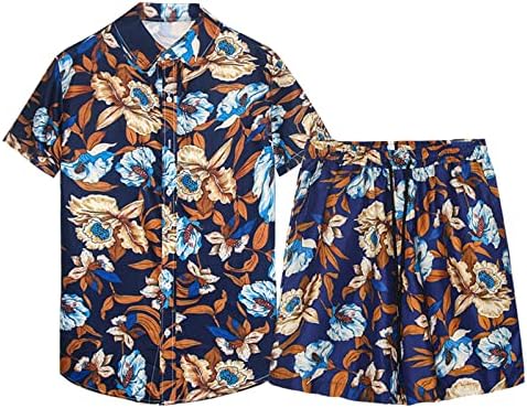 Botão de flor masculina para baixo, conjuntos havaianos casuais de manga curta de botão impressa de botão de camisa de 2