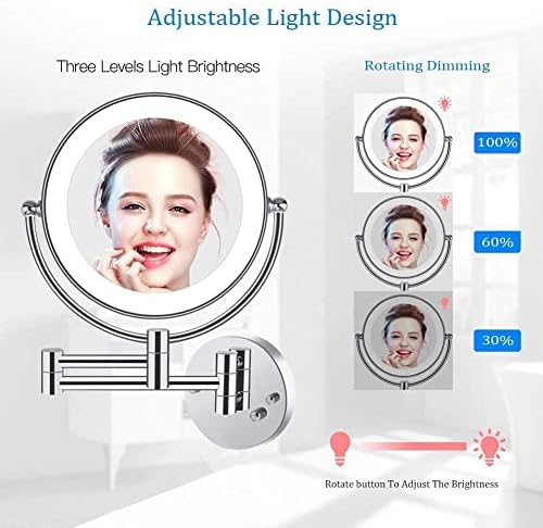 Zaahh LED LED Minfliing espelho Montado na parede 10x com botão de escurecimento girado, espelho de maquiagem espelho de barbear