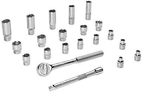 Conjunto de soquete de acionamento JETECH 3/8, ferramentas de mecânica de 21 peças com soquetes métricos, bits de 25 mm, chave de catraca rápida, alça de girador, junta universal e ferramentas de extensão