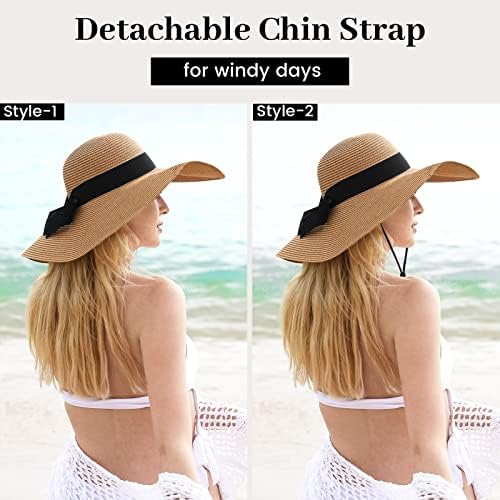 Chapéus de praia para mulheres, chapéu de palha de sol amplo para mulheres UPF 50+ UV Proteção solar Sun Fluppy Sun Hat dobrable Roll