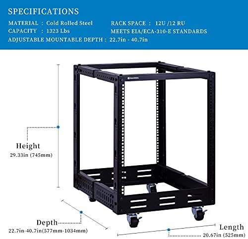 RackPath 12U Open Frame Servidor Rack - Pesado 4 Pós -profundidade ajustável com rodízios