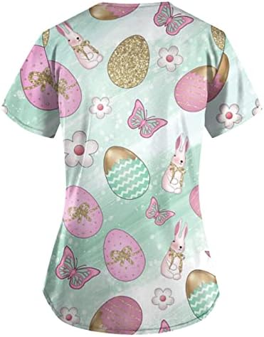 Scrub feminino Tops Tops de páscoa uniforme de camiseta ovos de coelhinho de coelhinho impresso de manga curta bolso de bolso em Vo