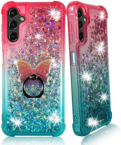 Zase Samsung A14 5G CASE CLARO CAPA LÍQUIDO GLITTER LIQUELO FOLULO FOLULING FLUING 3D Butterflies Bling Design para Galaxy A14 Cachoeira