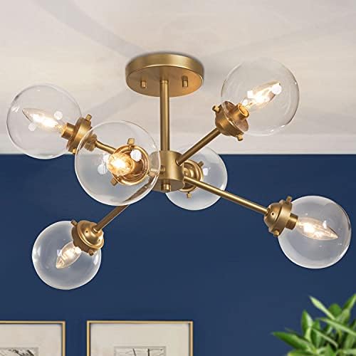 Ksana Gold Semi Flush Mount Teto Light, lustres de ouro para salas de jantar, cozinha, sala de estar, d25.2 x H13