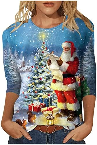 3/4 Holida de luva Tops Mulheres de impressão de árvore de Natal Camisetas com Papai Noel Pattern Pattern 3d Snowman