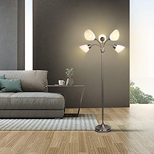 Firvre Leitura moderna Lâmpadas de piso Stand Up Lâmpadas com braços ajustáveis ​​5 Cabeça PVC Lampshade Sand Nickel Modern Brilhante