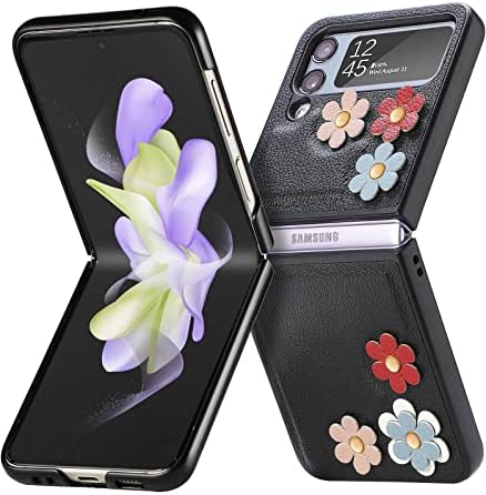 Viaotaily Samsung Galaxy Z Flip 4 5G Caso, Caixa Fonosa Z Flip 4 Para Meninas Mulheres, Design de Couro de Flores, Tampa