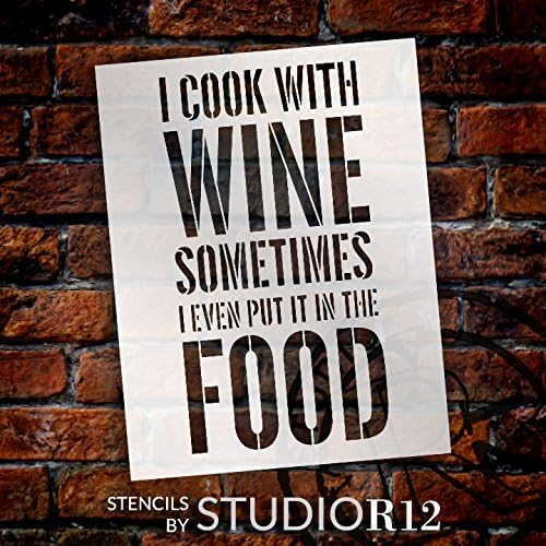 Eu cozinho com estêncil de vinho por Studior12 | Foodie & Wine Word Art - Modelo Mylar reutilizável | Pintura, giz, mídia