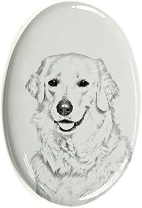 Kuvasz, lápide oval de azulejo de cerâmica com uma imagem de um cachorro