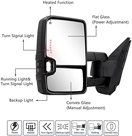 Switchback Towing Mirror for Silverado Sierra - Compatível com o espelho de reboque da Sierra Chevy Silverado, 2007-2013, com lâmpada de luz de luz de luz de luz de luz de vidro aquecido ajustado