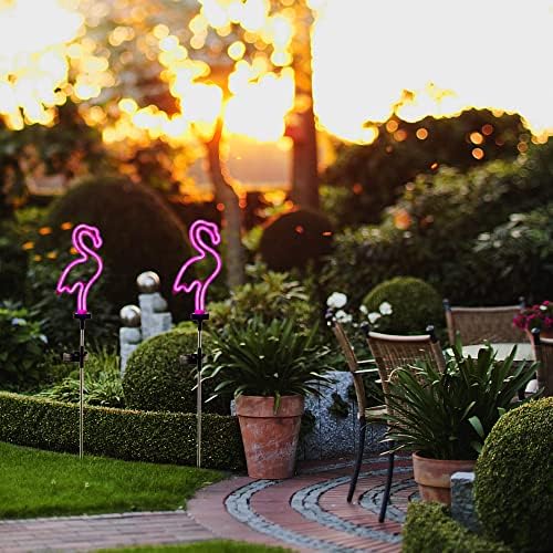 Ornamentos de pátio de flamingo rosa solar com estacas, Luzes de paisagem solar Luzes de neon à prova d'água ao ar livre
