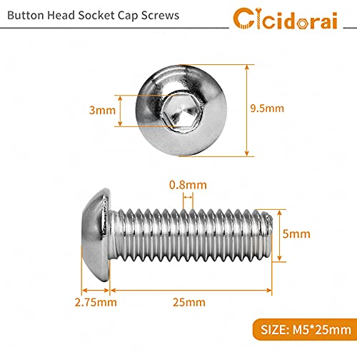 Cicidori M5-0,8 x 25mm Button Capt para parafusos da tampa da cabeça dos parafusos, 304 Aço inoxidável 18-8, acionamento de soquete