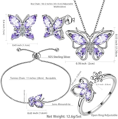 Aurora rasga jóias de borboleta, mulheres 925 Borboletas de prata esterlina Colar de pendente de pedra de nascimento/brincos/anéis