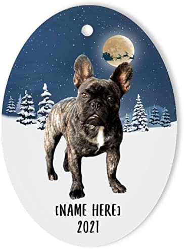 Enfeites de bulldog francês Brindle para 2023 Nome personalizado de árvore de Natal 2024 Decorações de véspera de Ano Novo Oval branco