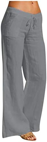 Calças de linho de algodão casual feminino relaxam a cintura elástica da perna reta Lounge de cor sólida confortável calça longa