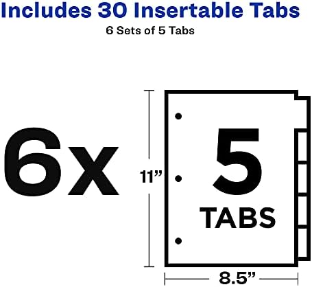 Avery Big Tab Divisadores inseráveis ​​para 3 ligantes de anel, conjuntos de 5 tábuas, papel de buff, abas limpas, 6 conjuntos