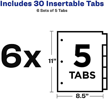 Avery Big Tab Divisadores inseráveis ​​para 3 ligantes de anel, conjuntos de 5 tábuas, papel de buff, abas limpas, 6 conjuntos de divisores de fichário