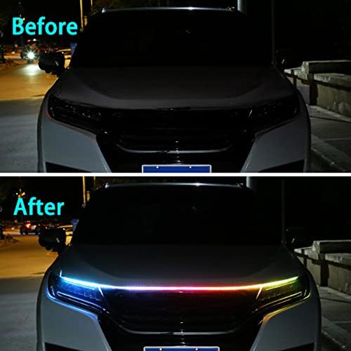 Luzes de tira LED de carro de carro externo nitiaukely, 59 polegadas de tira LED RGB para carro, luz flexível da tira do capuz de carro LED, aplicativo e controle remoto à prova d'água diurna com luz para carros, SUVs, caminhões