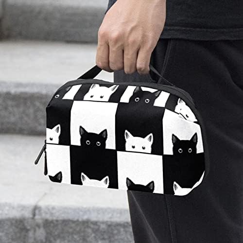 Bolsa de bolsas de organizador eletrônico portátil Bolsa preta Branco de xadrez de gato de gato Bolsa de armazenamento de cabo para