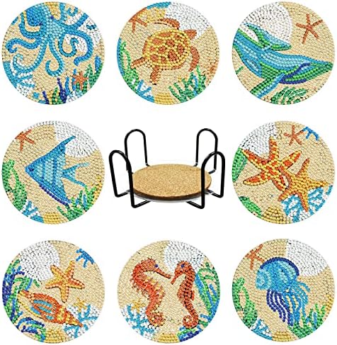 Kits de montanha -russas de pintura de diamante eiazuiks, 8 peças Organismo marinho Coasters de arte de diamante com