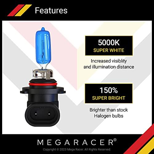 Mega Racer 9005/HB3 9006/HB4 Bulbos de farol de halogênio combinados - Super White 5000K, 12V 100W, gás xenônio, classificação à prova