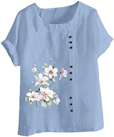 Camisa de linho de algodão de verão para mulheres 2023 casual solto manga curta Crewneck tops