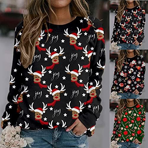 Jinf feminino de Natal Print-Pullover Top-Sweatshirt Selfirmo de Selvada Longa Pullover de Blusa Casual