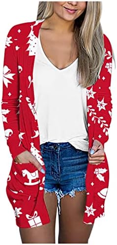Cardigans de Natal de Beuu para mulheres leves de manga comprida tops de cores sólidas