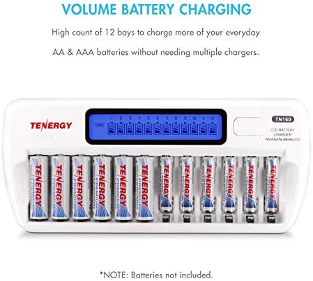 TENERGER TN160 12-BAY LCD NIMH/NICD AAA/AA Carregador de bateria + 12x Baterias recarregáveis ​​AA NIMH, dobrar as baterias para eletrônicos